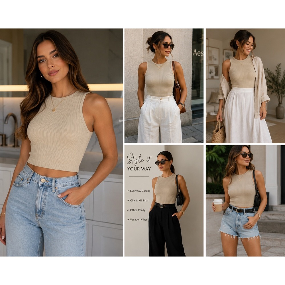 Zara Ribbed Knit Tank Top Womens XS S Beige Polyamide Sleeveless High Neck Crop